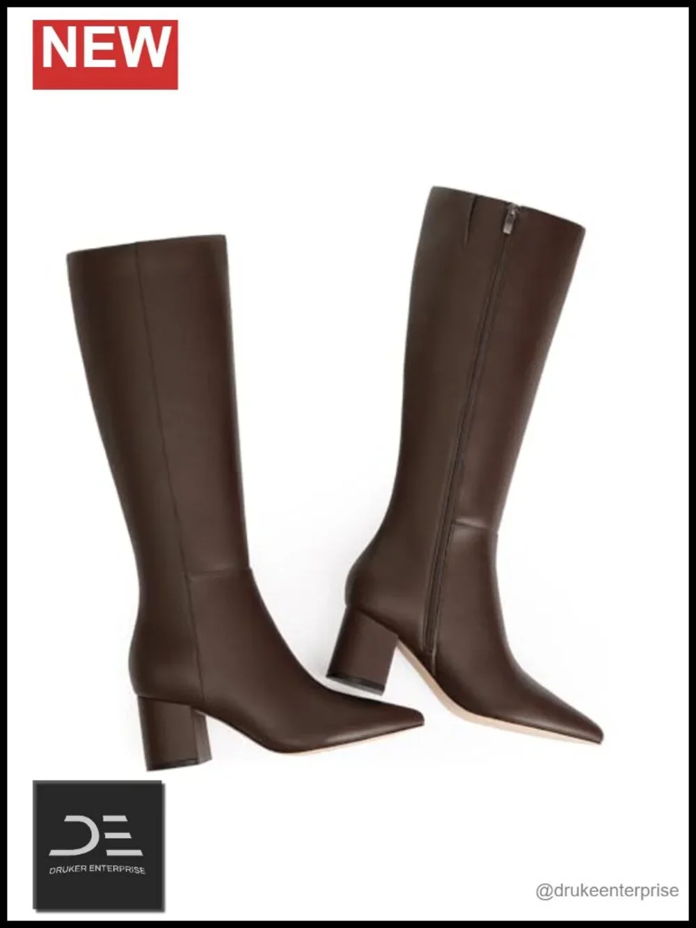 Women's Knee High Boots Block Heel Pointed Toe Faux Leather Tall Boots Zip